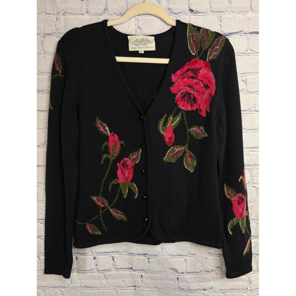 Vintage Susan Bristol 1996 Floral Hand Embroidered Wool Blend Cardigan Sweater S